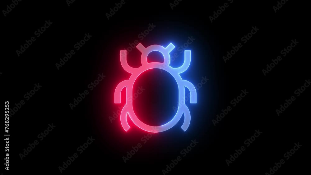 Neon bug icon blue red color glowing animation black background Neon bug icon blue red color glowing animation black background