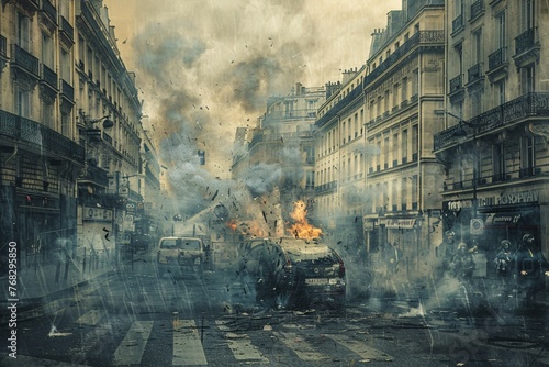 Tumultuous Times  The Unrest in Paris Streets with Burning Car Amidst Protests photo