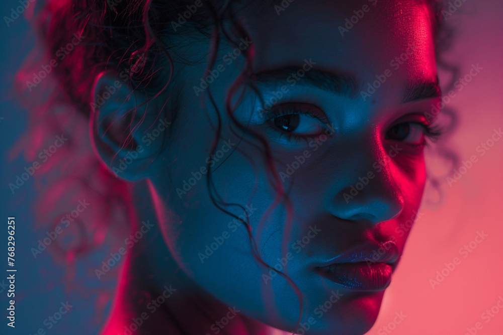 photography of a portrait session illuminated by blue and pink gels, creating a surreal atmosphere while natural light softly fills the background
