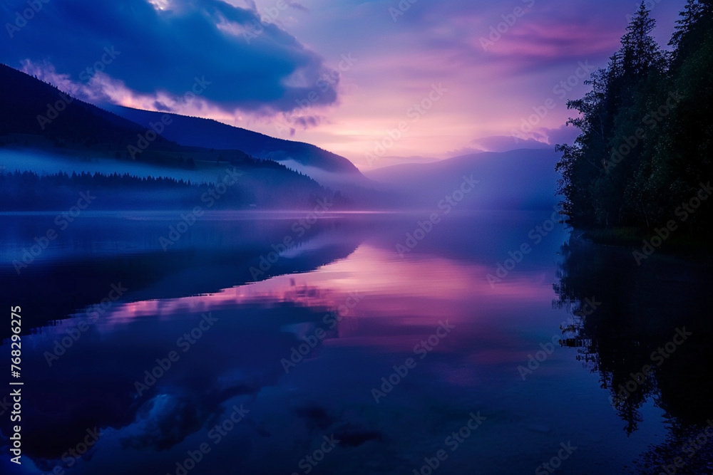 photography of a peaceful lake at dawn, with strategic gel lighting along the shore creating reflections in the water that mimic the colors of the sky as it brightens
 - obrazy, fototapety, plakaty 