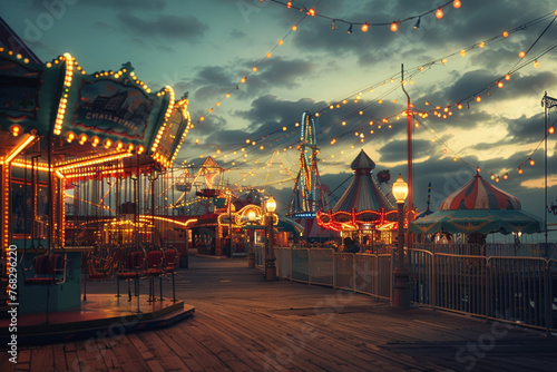 photography of a nostalgic seaside boardwalk at sunset, with old-fashioned amusement rides and games, capturing the joy and simplicity of summer days gone by
 photo