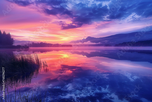 photography of a peaceful lake at dawn, with strategic gel lighting along the shore creating reflections in the water that mimic the colors of the sky as it brightens 