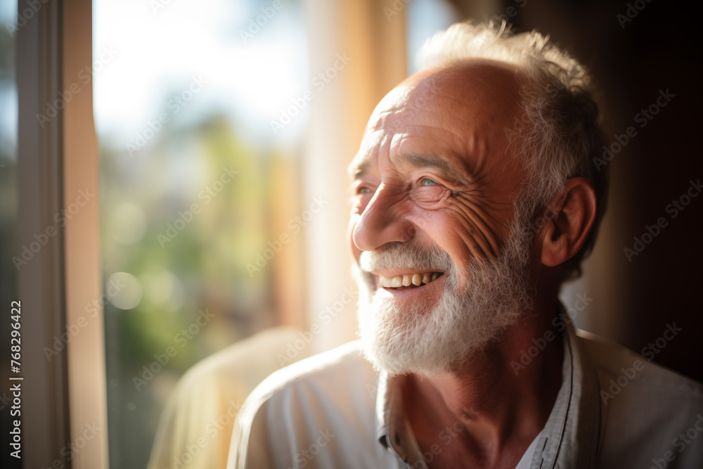 Senior man smiling warmly, indoor golden hour light, portrait of happiness and contented aging. Senior man smiling warmly, indoor golden hour light, portrait of happiness and contented aging.