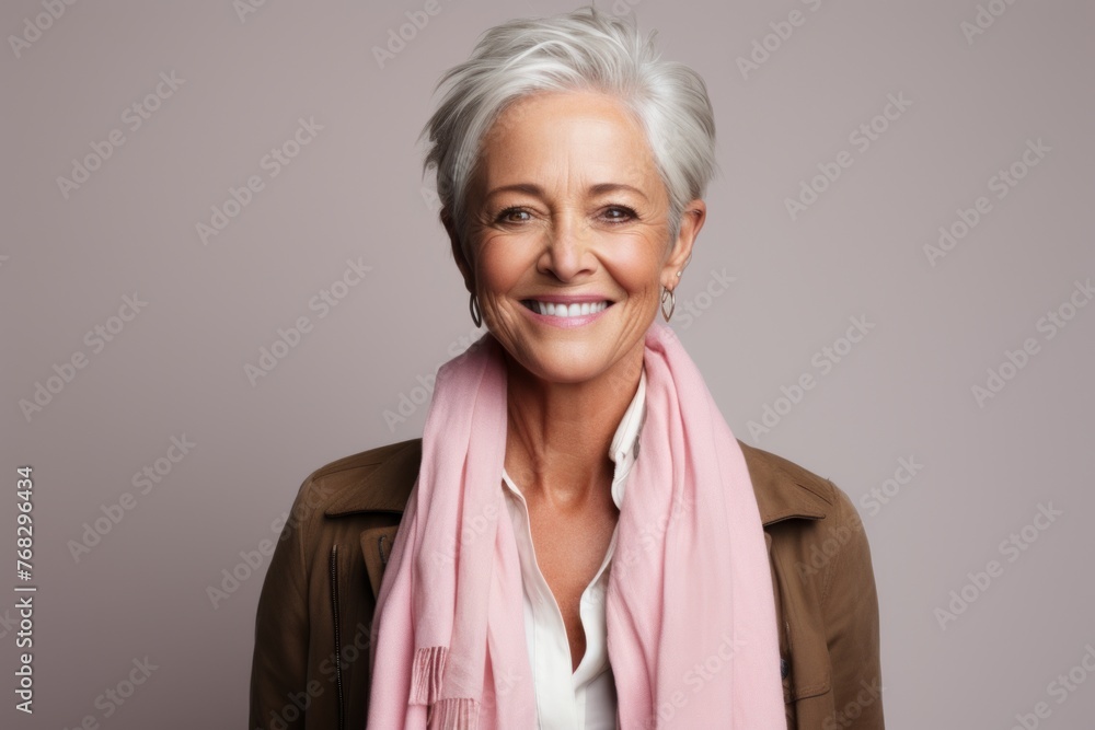 Portrait of a happy senior woman with pink scarf over grey background Portrait of a happy senior woman with pink scarf over grey background
