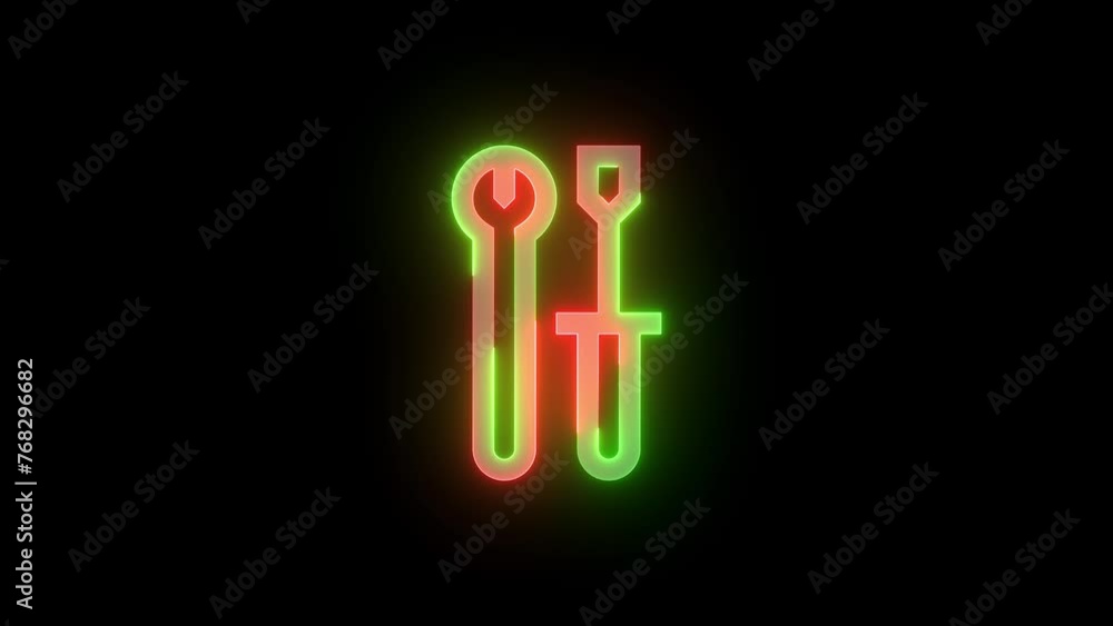 Neon developer tools icon green red color glowing animation black background Neon developer tools icon green red color glowing animation black background