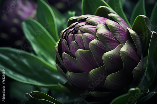 Dramatic close-up of a purple artichoke flower, elegant floral macro, natural beauty and detail.