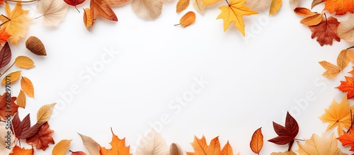 A close-up view of a white background framed by a colorful border of autumn leaves, showcasing the vibrant hues of fall