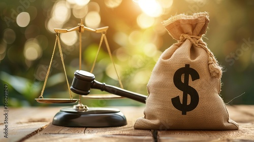 The concept of legal influence and corruption is visually represented by a bag of money with a dollar sign and a judge's hammer on scales photo