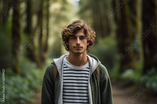 A young man standing in a forest