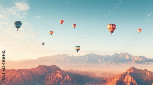 Hot air balloons flying over mountain at sunrise