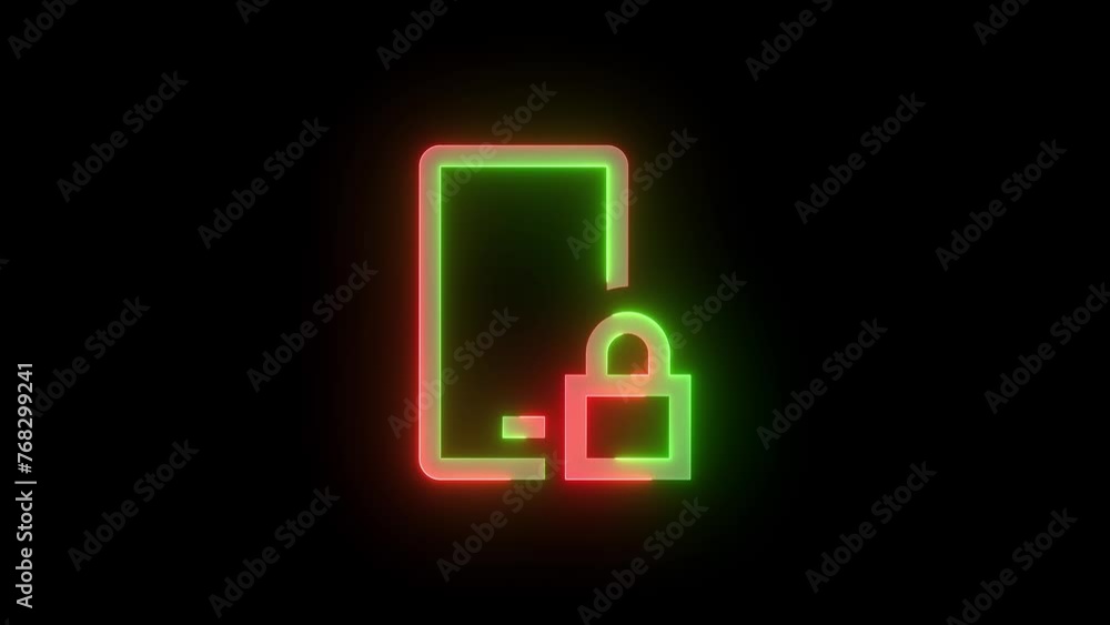 Neon mobile locked icon green red color glowing animation black background Neon mobile locked icon green red color glowing animation black background