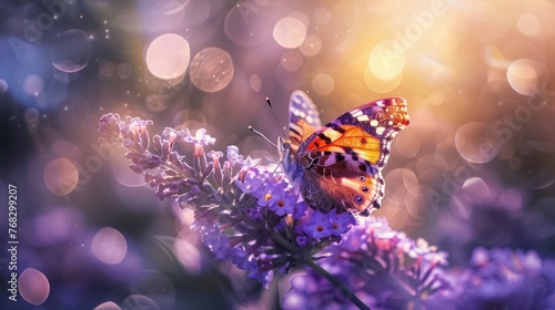 Macro vibrant butterfly, sunlit on flower, soft bokeh background