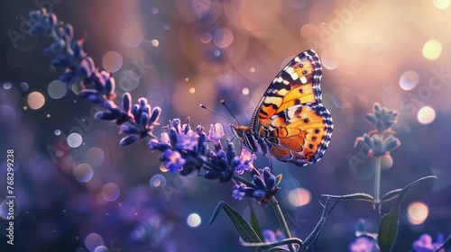 Butterfly on purple flower in detail, side-lit beauty, blurred bokeh