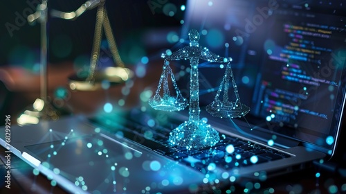 The integration of technology in legal court proceedings is highlighted by the presence of law trial tech and a laptop