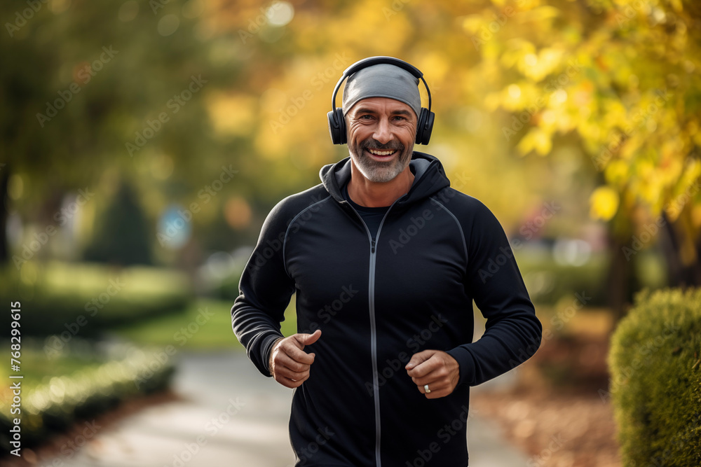 Fototapeta premium A man with a smile on his face jogging in a park, enjoying his run amidst the greenery and fresh air.