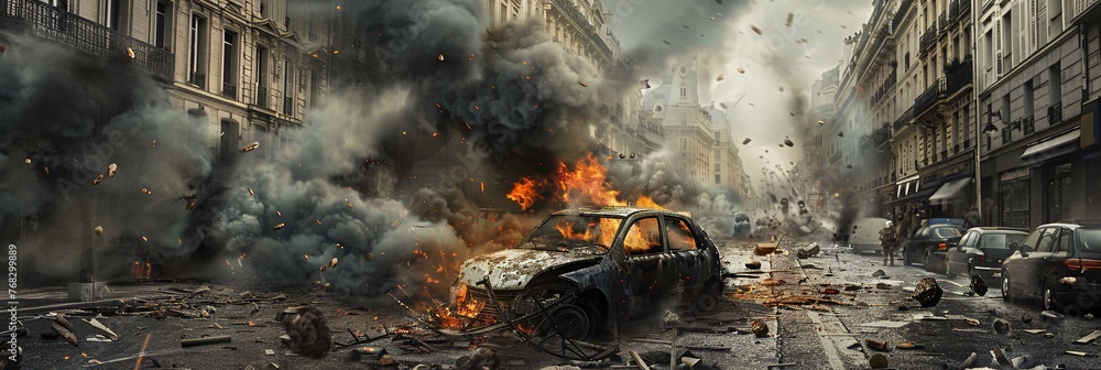 Tumultuous Times  The Unrest in Paris Streets with Burning Car Amidst Protests - obrazy, fototapety, plakaty 