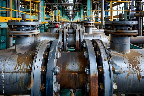 Complex network of large pipes and valves in an oil processing facility. Concept Oil Processing Facility, Large Pipes, Valves, Industrial Machinery