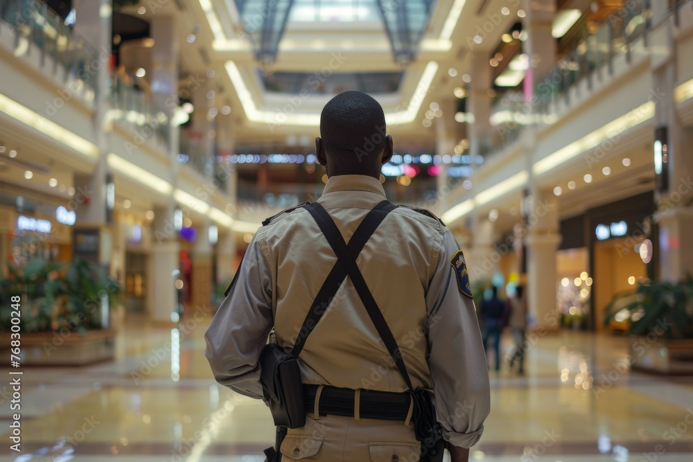 A security guard stands in a mall with a crowd of people A security guard stands in a mall with a crowd of people