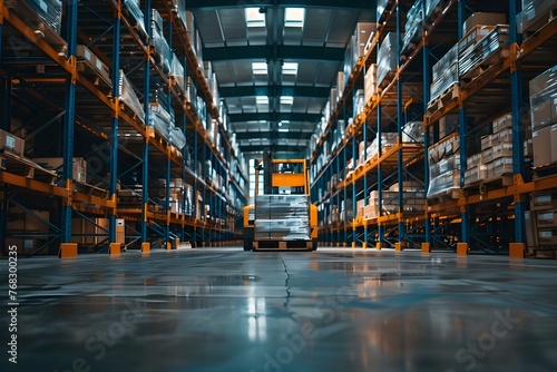 Organized Warehouse with Inventory Pallets, Shelves, and Forklift in Background. Concept Warehouse Inventory, Pallet Organization, Forklift Operations, Shelf Arrangement © Anastasiia