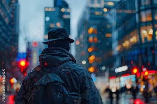 A man wearing a black hat and a black coat is walking down a city street