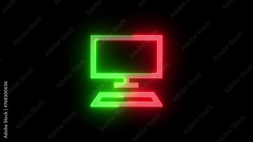 Neon this pc icon green red color glowing animation black background Neon this pc icon green red color glowing animation black background