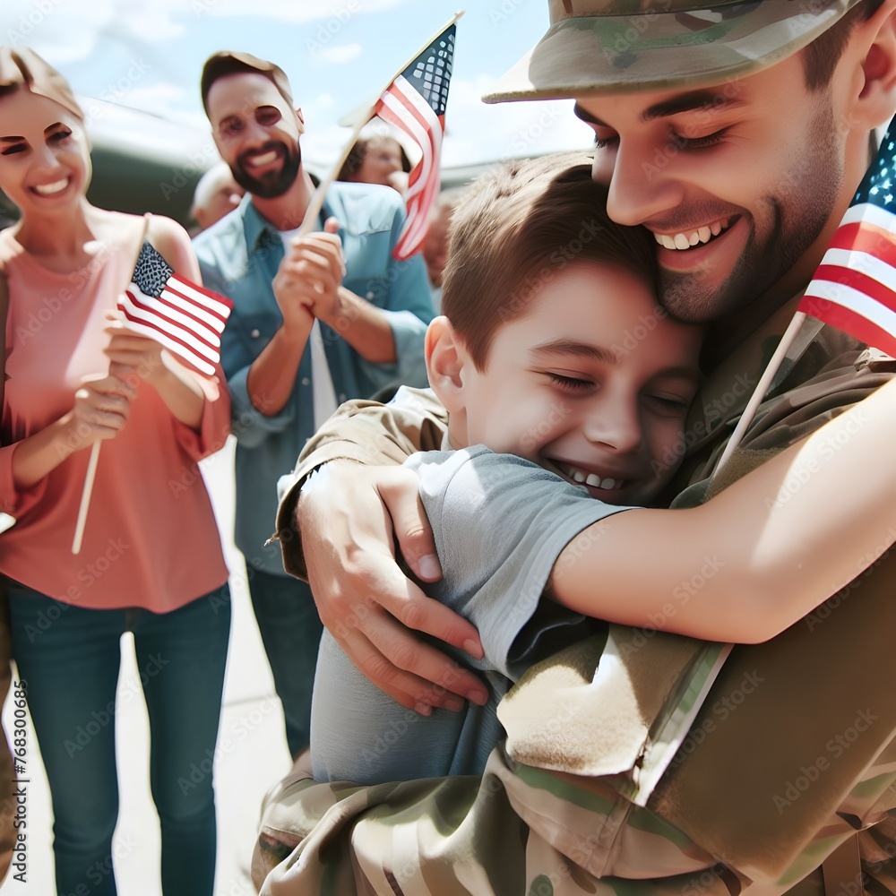 Obraz premium Thank God, my lovely son, for coming back from the military. A picture that shows you the importance of your family. Generative AI