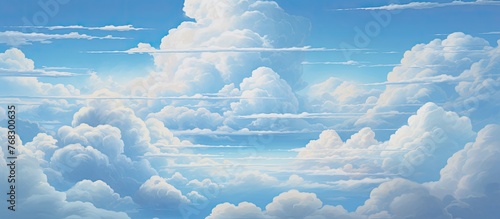 A picturesque natural landscape painting featuring fluffy cumulus clouds scattered across a vibrant blue sky with a distant horizon, capturing the beauty of a meteorological phenomenon photo