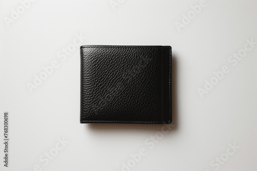 photograph of a sleek black leather wallet placed centrally on a stark white background, creating a striking contrast ideal for highlighting intricate details or branding 
