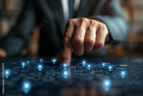 A man is pointing at a computer screen with a blue background