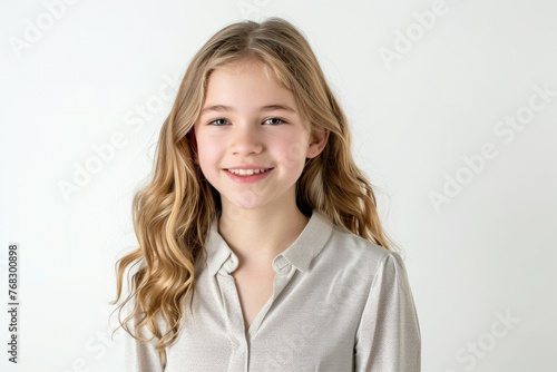 A young girl with long blonde hair is smiling for the camera