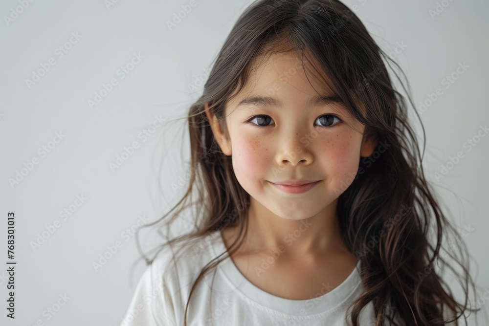 A young girl with long hair is smiling at the camera A young girl with long hair is smiling at the camera