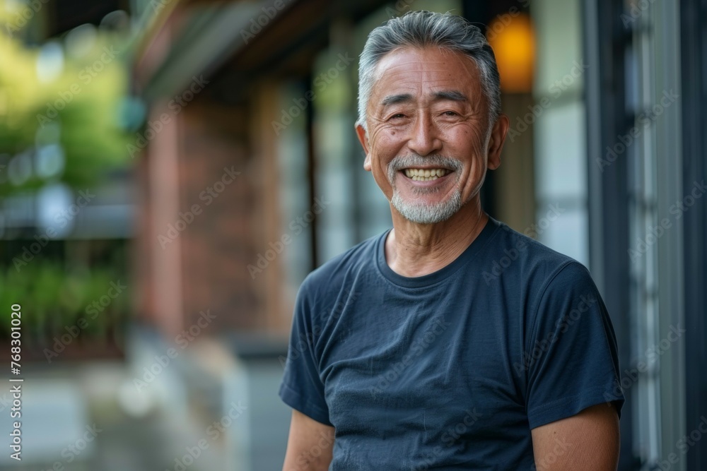 A man with a big smile on his face is standing in front of a building A man with a big smile on his face is standing in front of a building