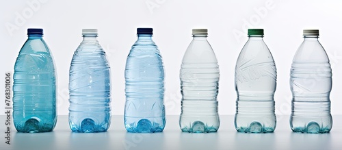 Several water bottles lined up in a row, all identical and with colorful labels, placed against a plain white background