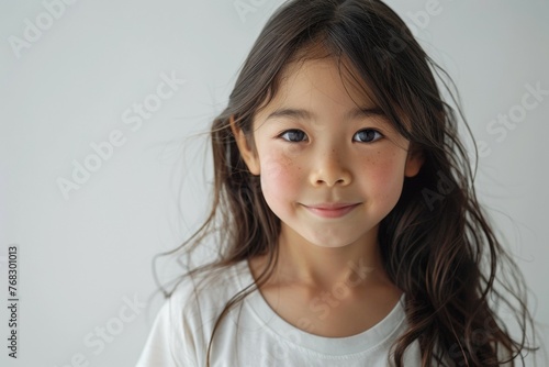 A young girl with long hair is smiling at the camera