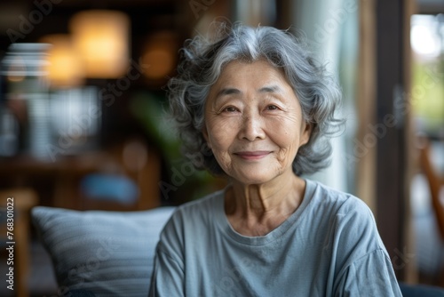 A woman with gray hair is smiling and wearing a gray shirt