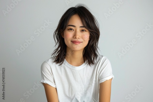 A woman with short hair and a white shirt is smiling