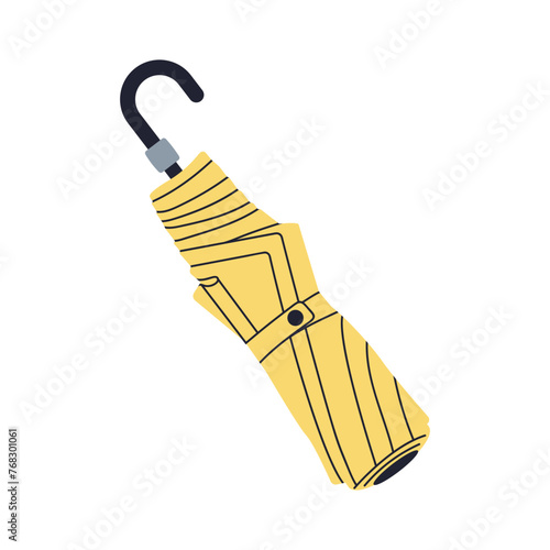 Folded compact collapsible umbrella. Rain protection accessory, closed and tied, foldable canopy, string loop. Flat vector illustration isolated on white background