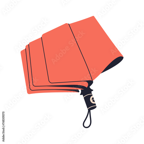 Rainy weather accessory with foldable collapsible canopy. Folded closed compact umbrella with handle. Rain protection accessory, flat vector illustration isolated on white background