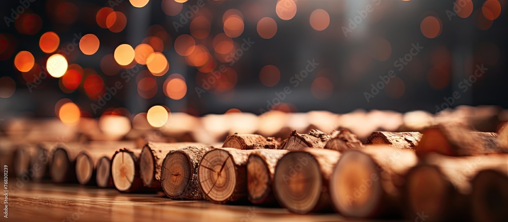 A line of hardwood logs placed on a wooden table, creating a rustic and warm atmosphere. This still life photography captures the natural landscape and the temperature of the wood - obrazy, fototapety, plakaty 