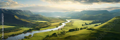 Golden Afternoon: A Serene Panorama of Lush Pastures, Rolling Hills, A Slow River and Velvet Skies