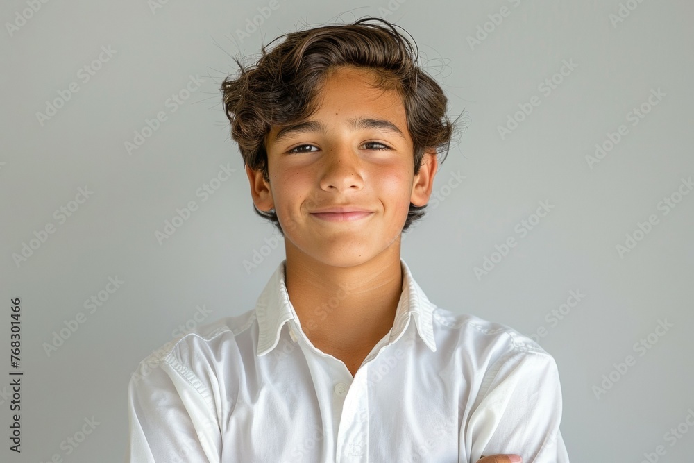 A young man with brown hair and a white shirt is smiling A young man with brown hair and a white shirt is smiling