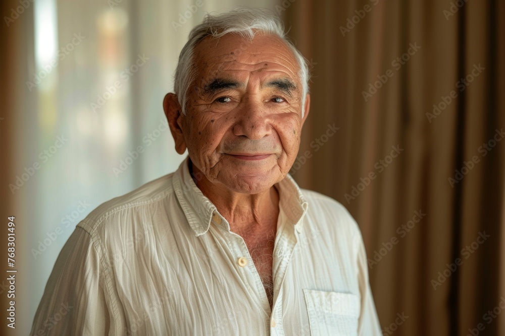 A man with a white shirt and gray hair is smiling A man with a white shirt and gray hair is smiling