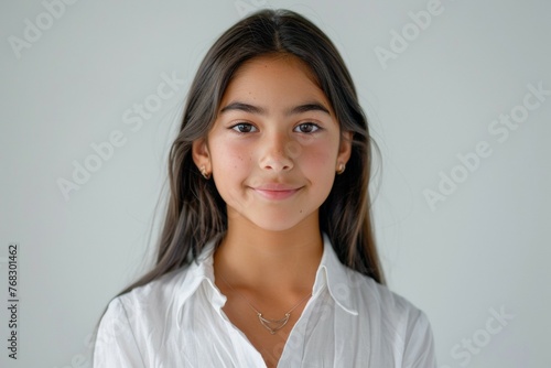 A young girl with long hair is smiling for the camera