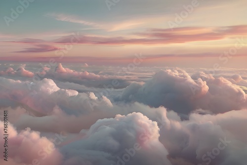 Clouds background in soft, warm, pastel and neutral colors. Aesthetic minimalism wallpaper for social media content. View of sky above clouds. Generative AI photo