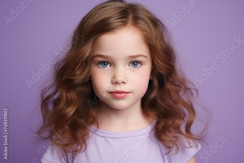 Portrait of a beautiful little girl with long curly hair on a purple background.