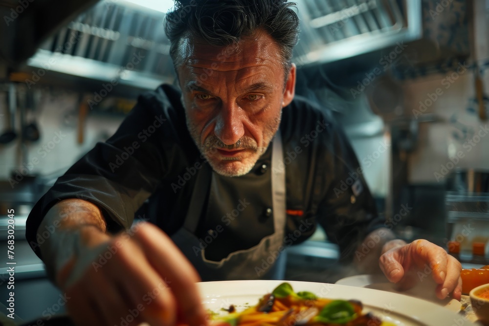 In a professional kitchen, a chef with obscured face is attentively plating a colorful dish with precision, suggesting culinary art and expertise