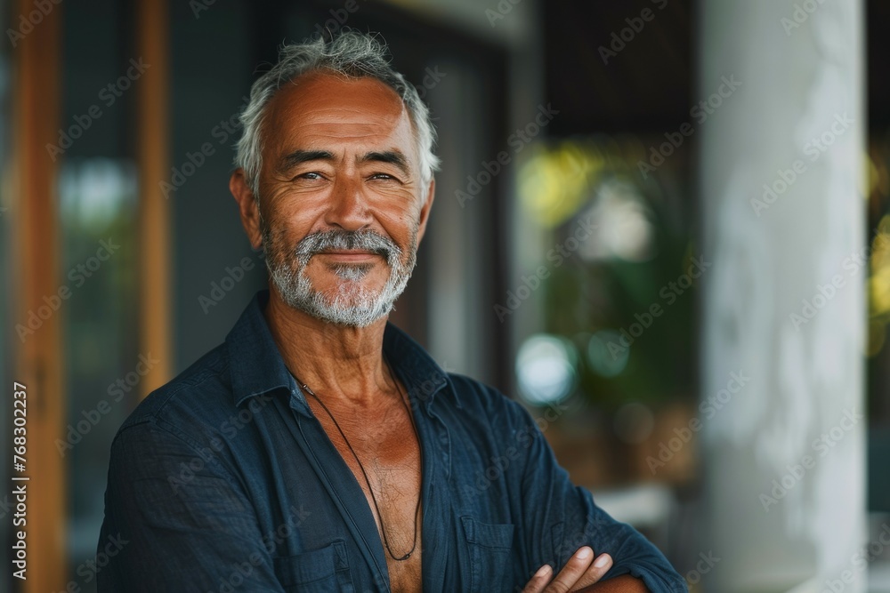 A man with a beard and gray hair is smiling and posing for a picture A man with a beard and gray hair is smiling and posing for a picture