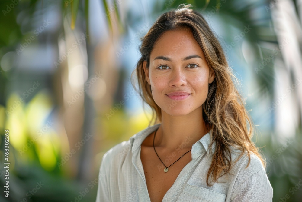A woman with long brown hair and a necklace is smiling for the camera A woman with long brown hair and a necklace is smiling for the camera