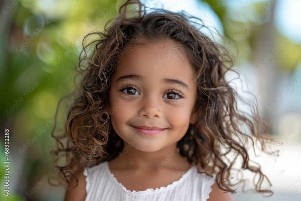 A young girl with curly hair is smiling and looking at the camera A young girl with curly hair is smiling and looking at the camera