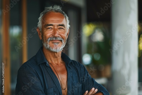 A man with a beard and gray hair is smiling and posing for a picture